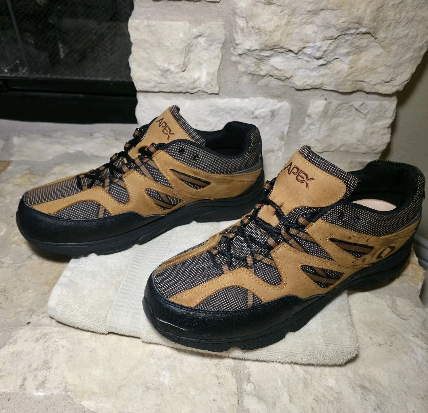 Apex Mens Sierra Trail Runner Shoes Tan Black Leather Mesh Hiking Sneaker SZ 14