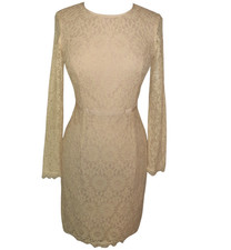 MAGGY LONDON Size 8 Sheath Dress Ivory Lace Pink Lining Long Sleeve 