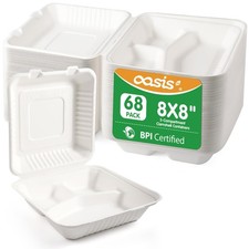 8&times;8", 68-Pack 3-Compartment Clamshell Takeout Containers, 100% Compostable
