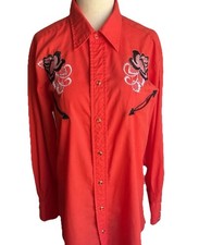 H Bar C Western Shirt Red Embroidered Roses Pearl Snap Vintage M 16-33