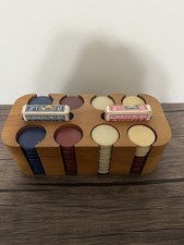 Vintage Mid Century Modern Wooden Poker Chip Caddy w/ Chips & 2 Bicycle Decks