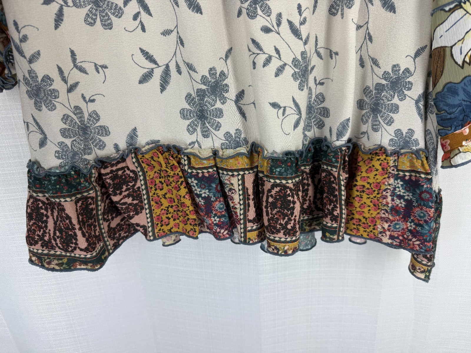 John Mark Patchwork Peasant Top Smocked Neck Flor… - image 4