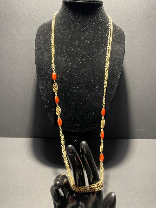 Vintage 2 Strand Gold Tone Necklace Red Orange Plastic Beads Filigree 42"