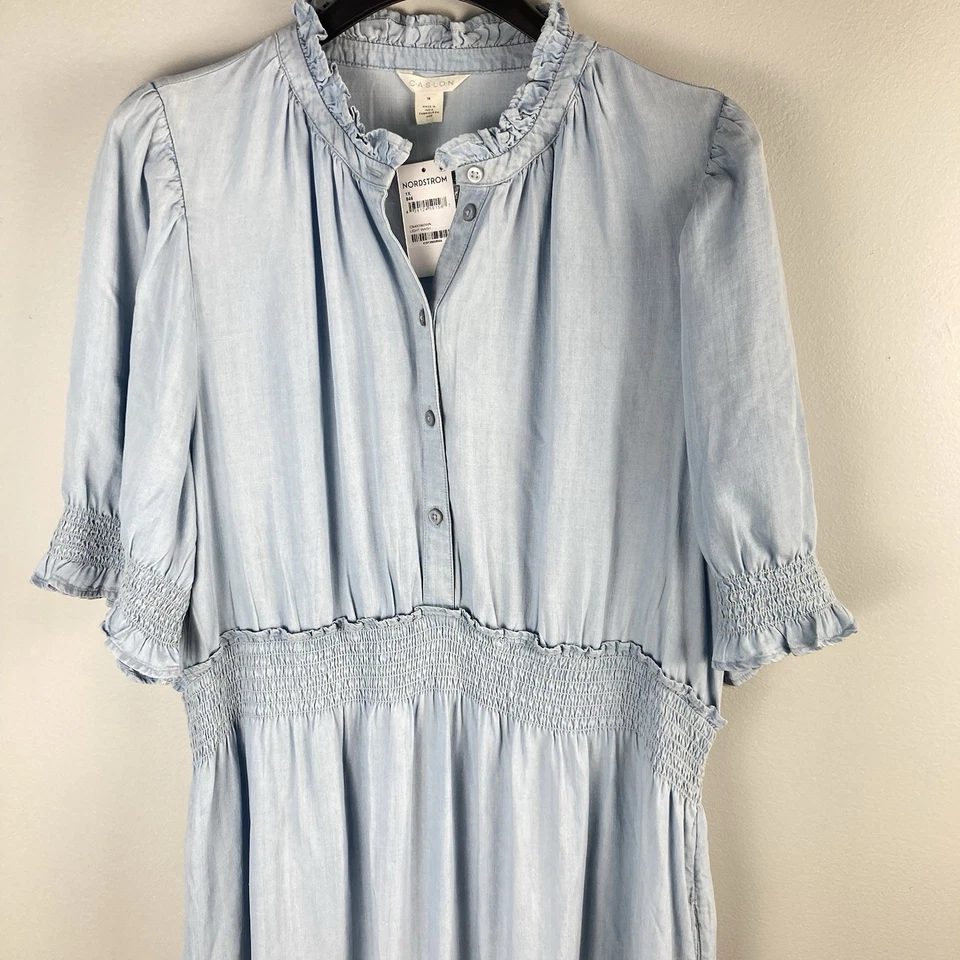 Caslon Maxi Dress Denim Blue Button Front Tiered Long Pockets Smocked Size 1X - image 4 of 4
