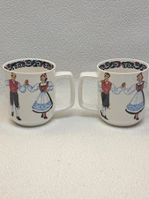 Figgjo Flint Hardanger Dancers Norway (2) 3 3/4" Square Handled Mugs  Excellent