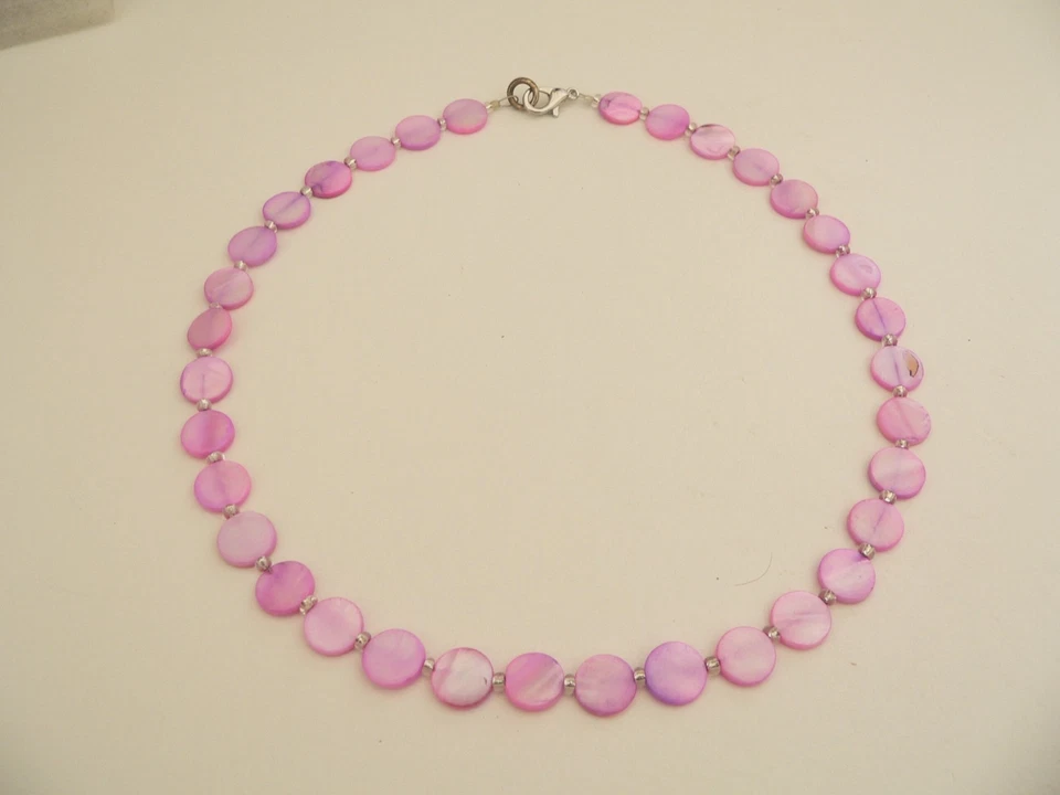 Halskette Kette Collier Muschel Perlmutt Scheibe 10mm pink/rosa/violett 405r - Bild 4 von 4
