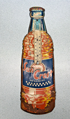 Vintage SUN CREST Orange Soda Thermometer Tin Sign Embossed Die Cut RARE