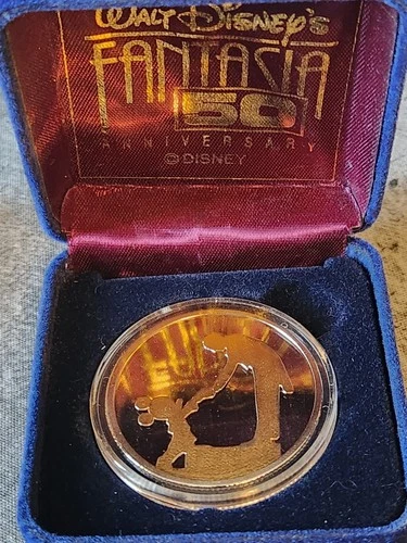 1990 Disney 1oz Silver Proof Round 22KT Gold Plate 50th Anniversary Fantasia COA