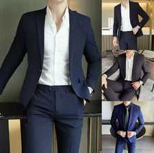 Men's Business Striped Leisure Suit Jacket Wedding Party Formal Blazer Slim Coat