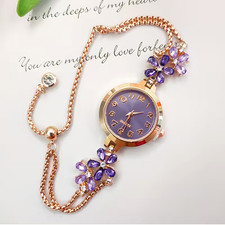 Women Bohemian Rhinestone Flower Watch Quartz Analog Purple Rose Golden Gift New