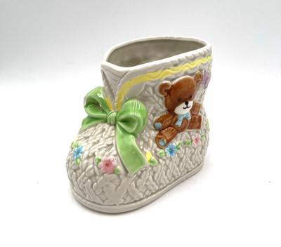 Vintage Napcoware Planter Ceramic NPACO Baby Bootie Decor w/Teddy Bear #2740