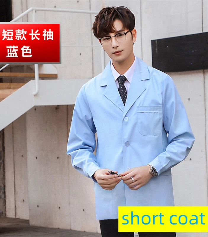 Men Short Coat Doctor Nurse Jacket Medical Lab Uniform Blue Work Clothes - Image 2 of 4