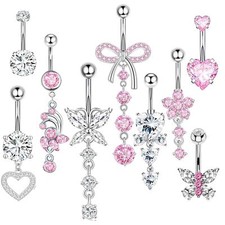 14G Belly Button ring Dangle Belly Rings Surgical Stainless Steel Cute Bow Bu...