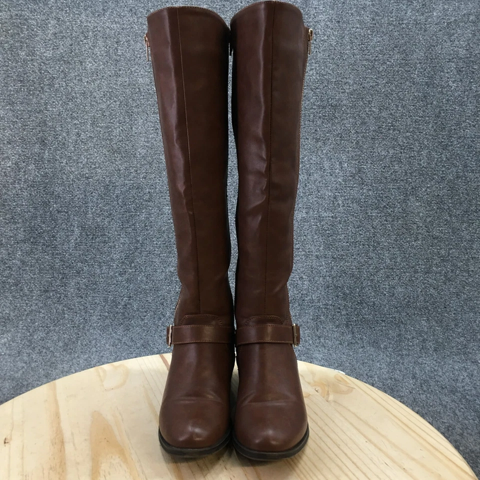 Botas Shoedazzle Femininas 7.5 Balmani Alta Equitação Marrom Couro Sintético Fivela Zíper - Imagem 4 de 4