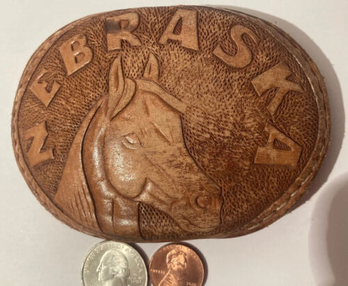 Vintage Metal Belt Buckle, Leather, Hand Tooled, Art, Nebraska, Horse, Country & - Picture 1 of 4