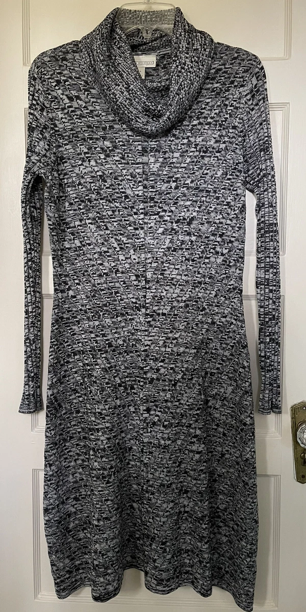 L Dana Buchman Ribbed Sweater Dress Black White Fitted Large