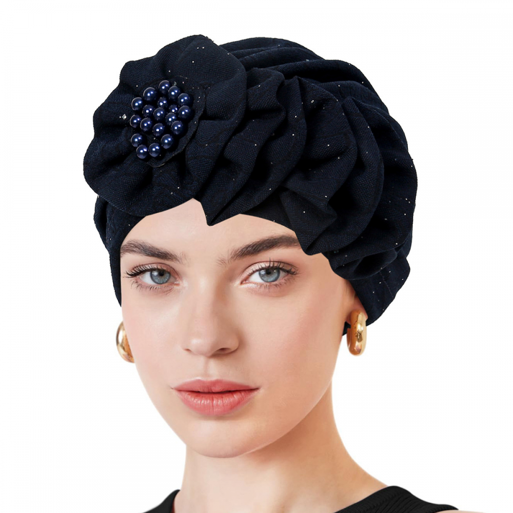 Women Flower Beads Beanie Stretch Hat Turban Headwear Hairband - Main Image