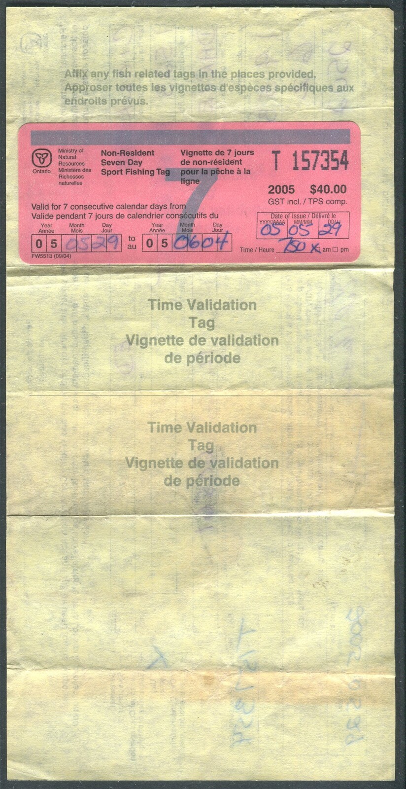 CANADA REVENUE ONTARIO 2005 NONRESIDENT FISHING LICENCE & TAG eBay
