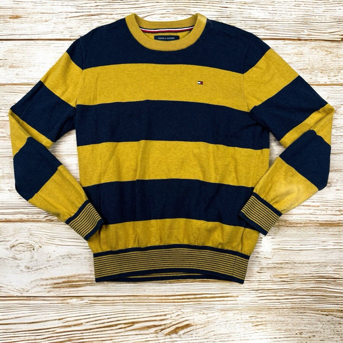 Tommy Hilfiger Sweater Men’s M Striped Navy And Mustard Yellow Colorblock