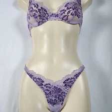 Elegant Purple Lace Bra & Thong Lingerie Set - Floral Mesh Design, Size M