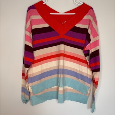 CAbi Sweet Tooth Pullover Double V-Neck Sweater Womens S Colorful Stripes Hi Lo