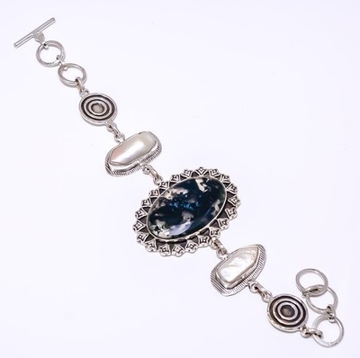 Moss Agate - India & Biwa Pearl 925 Sterling Silver Bracelet 7-8.99'' 8.99'' B44