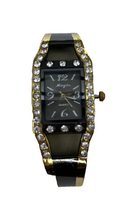 Mingdu Women s 8  Goldtone & Black Gemmed Cuff Bangle Watch New Battery 