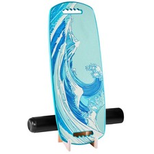 Blue Wooden Balance Wobble Board with Roller Stoppers Storage Rack,Trainer