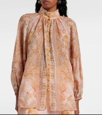 BRAND NEW Zimmermann Floral High Neck Balloon Sleeve 100% Ramie Blouse Size 1