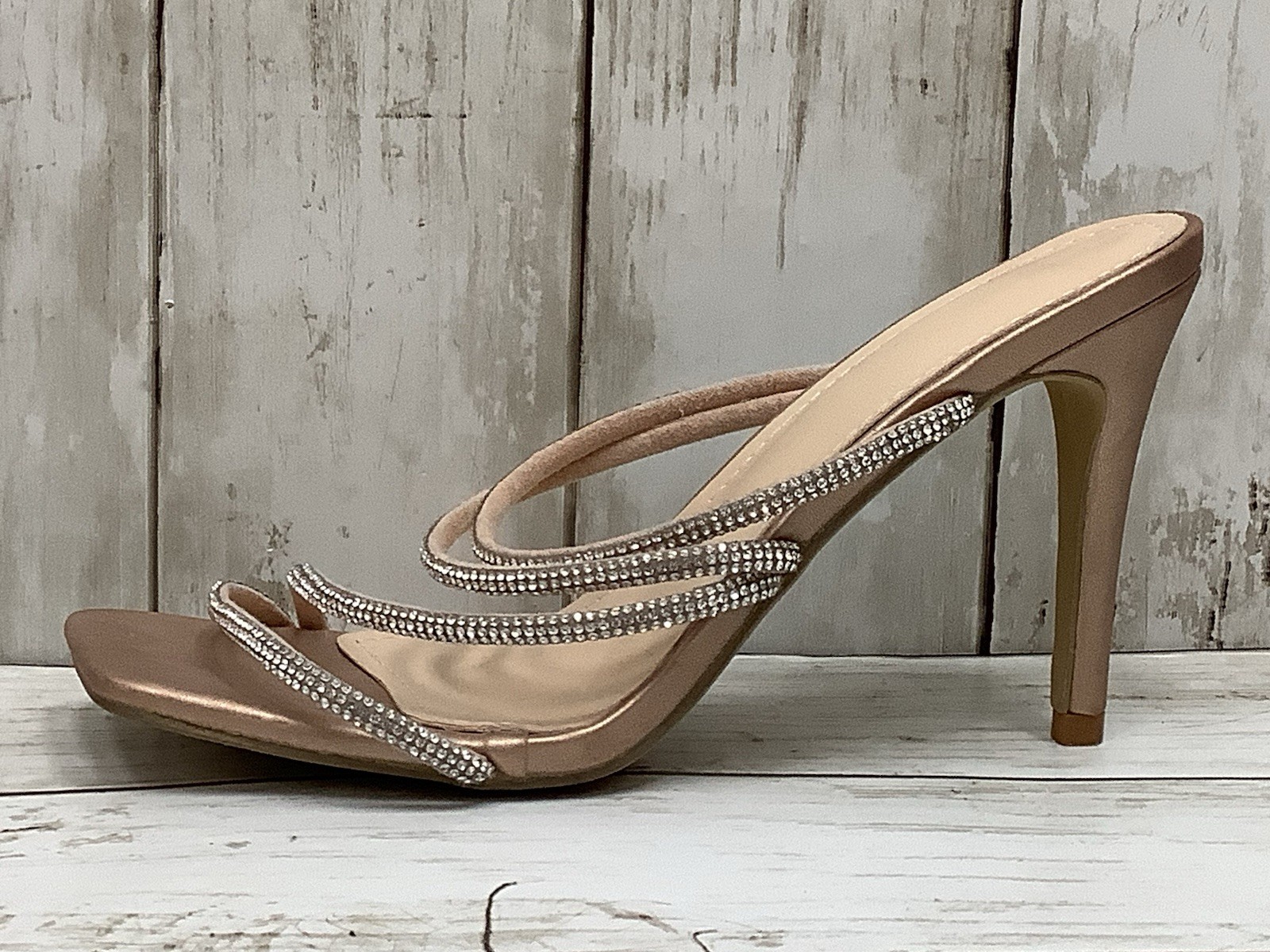 Elegant Square Toe Nude Satin Stiletto Mules with Sparkling Rhinestone Straps