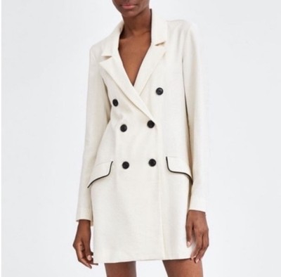 Zara Small Cream Double Breasted Blazer Jacket Dress With Black Trim