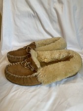 L.L. Bean Men's Moccasin Slippers Suede Shearling Lined Lace-Up Brown Beige