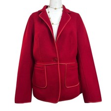 Talbots Wool Blazer Women 10 Red Satin Trim Single Button Boiled Wool Jacket