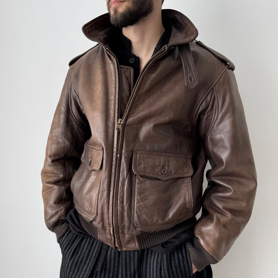 Vintage 80s Neiman Marcus A2 Flying Brown Leather Bomber Jacket Size 42 (L) - Image 2 of 4
