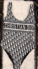 Christian Dior Women's Logo Print One-Piece Swimsuit Black White Stretch Size M