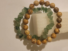 Natural Stone Beaded Stretch Bracelet Set Tan Green