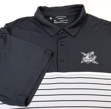 Under Armour HeatGear Mens Polo Shirt 2XL Black Striped Loose Fit Short Sleeve