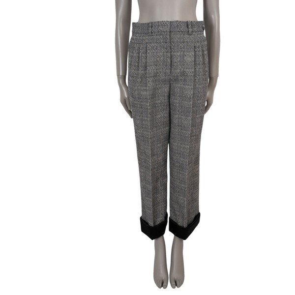 73180 authentische CHANEL schwarz weiß Wolle 11K SATIN MANSCHETTE PLISSEE TWEED Hose 38 S