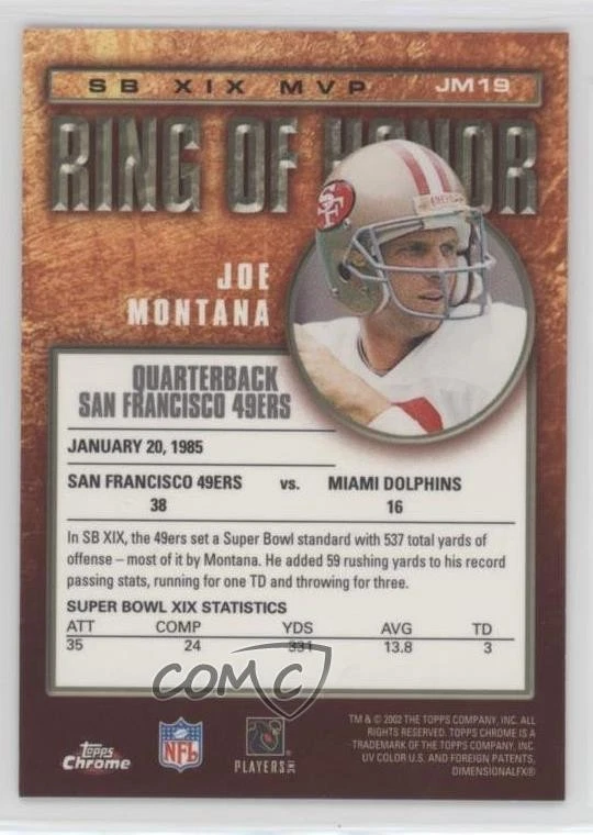 2002 Topps Chrome Ring of Honor Joe Montana #JM19 HOF - Image 2 of 2