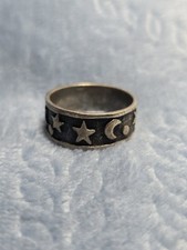 Celestial Band Ring Silver Black Metal Stars Moon Design Horoscope Theme