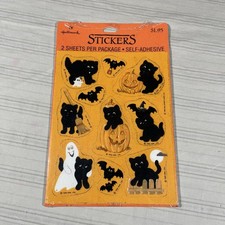 HTF Vintage Hallmark Halloween Stickers Fuzzy Black Cats Bats Ghosts 1989 New
