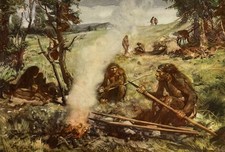 NEADERTHALS - BURNING THE POINTS OF THE SPEARS By Z Burian 1960 9 x 13" sheet