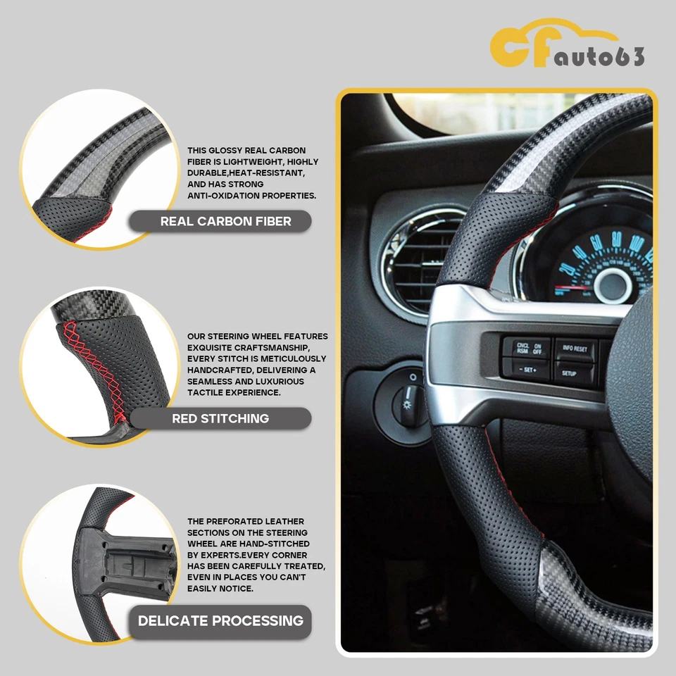 Руль из настоящего углеродного волокна с красной прострочкой для Ford Mustang GT 2010-2014 - Изображение 4 из 4