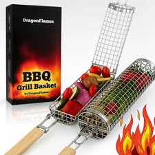 Grill Well 2.0 - Rolling Grill Basket (2 Pcs) for Vegetables, Kebob, Shrimp | BB