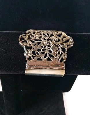 Wide Silver Tone Cuff Bracelet Floral Filigree Openwork Statement Adjustable