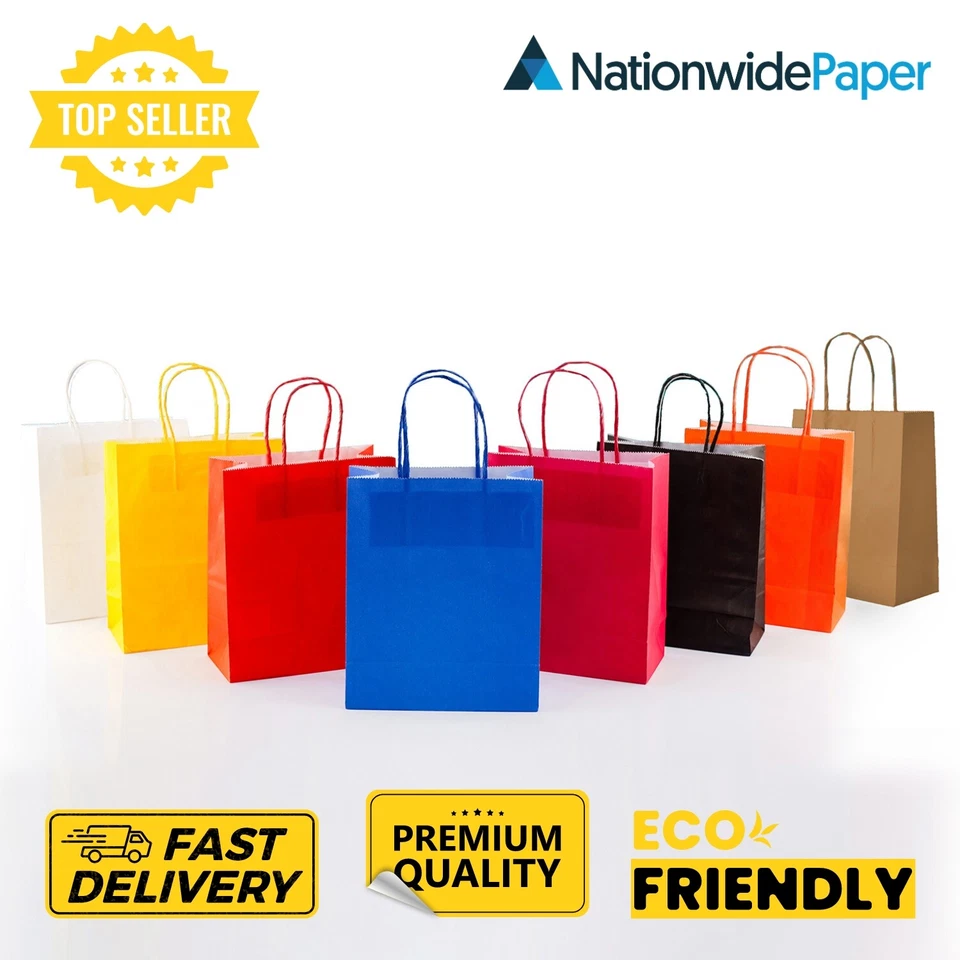 NATIONWIDE PAPER Coloured Paper Bags Twisted Handles Party Gift Carrier Recyclable Kraft Birthday