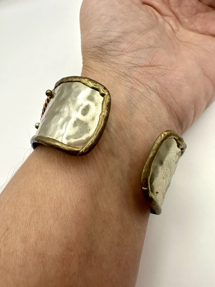 Brazalete Modernista Brutalista Naranja Coral Ágata Mezcla Metal Latón Cobre Foto 4 de 4