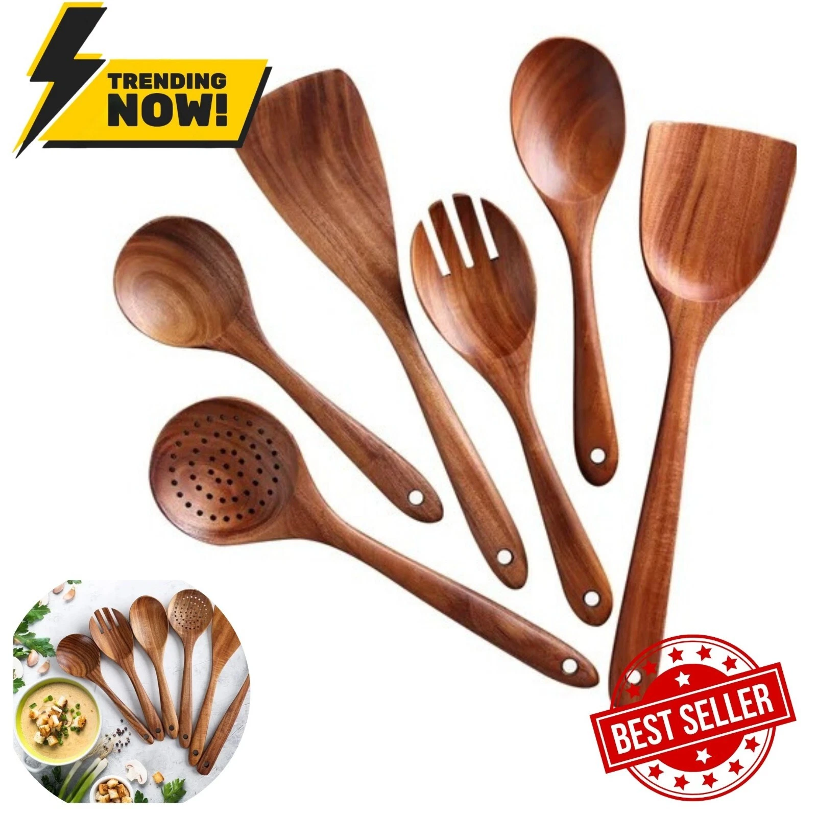 6-Piece Wooden Spoons for Cooking, Kitchen Utensils Set, Natural Teak Wood Spoon