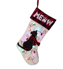 Glitzhome LED Cat Embroidered Linen Christmas Stocking 21’ New With Tags