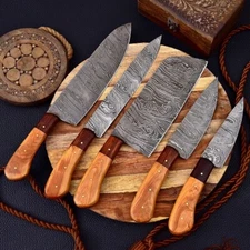Handmade Damascus Steel CHEF KNIFE Set Kitchen Knives - Olive Wood Rose handle
